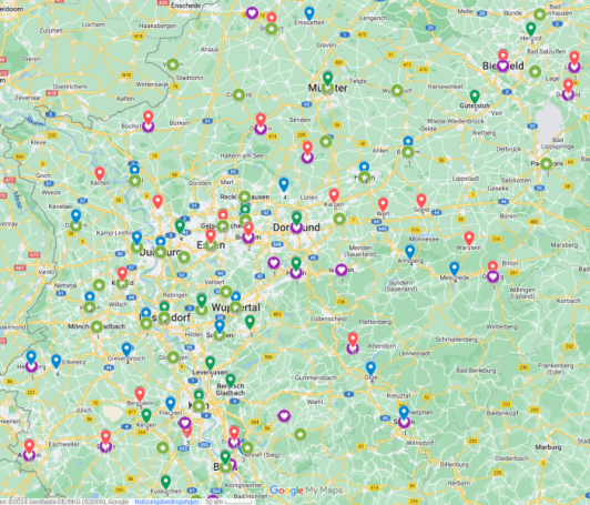 Eine Karte von NRW mit vielen Markierungen